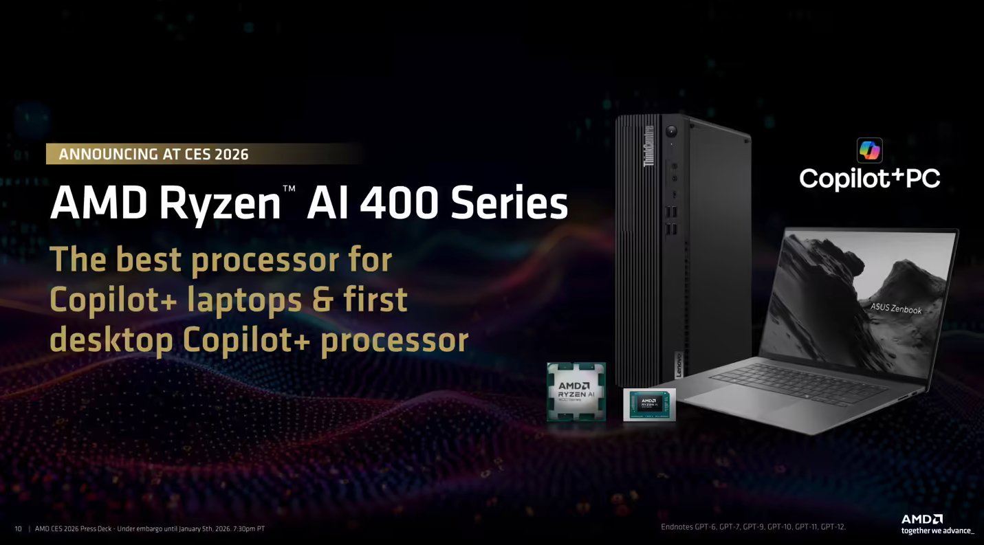 AMD CES 2026发布锐龙AI 400系列处理器，首款桌面Copilot+芯片领衔全维度升级